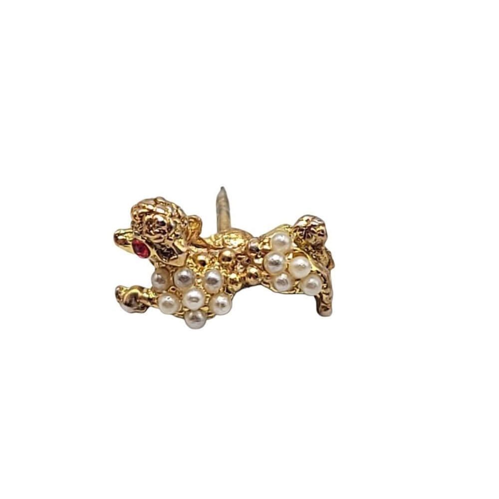 Bab Ballou Red Rhinestone Faux Pearl Poodle Dog Gold Tone Tie Tack Vintage